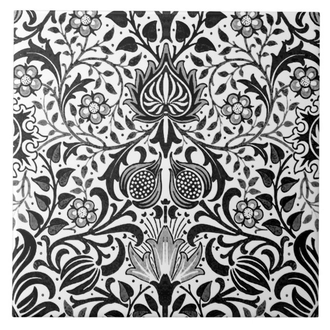 Carreau Jacobean Floral Damask, noir, blanc et gris  (Devant)