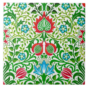 Carreau Jacobean Floral Damask, vert et corail rouge
