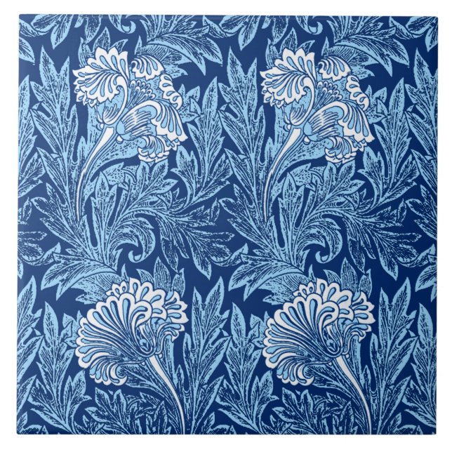 Carreau Jacobean Flower Damask, Navy, Sky Blue et White (Devant)