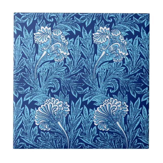 Carreau Jacobean Flower Damask, Navy, Sky Blue et White  (Devant)