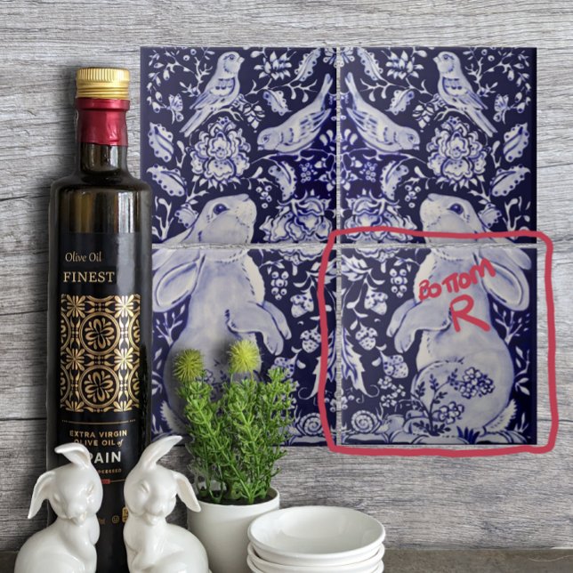 Carreau Jacobean Rabbit Oiseaux Fleurs Bleu Blanc Bas R (Créateur téléchargé)