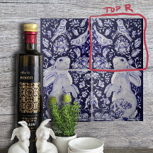 Jacobean Rabbit Oiseaux Fleurs Bleu Blanc Haut R