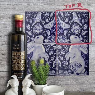 Carreau Jacobean Rabbit Oiseaux Fleurs Bleu Blanc Haut R