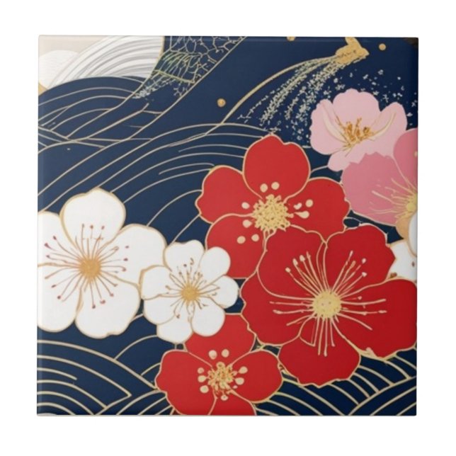 Carreau Japanese Waves and Blossoms Ceramic Tile - Piece 5 (Devant)