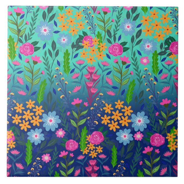 Carreau Jardin à fleurs de couleur bleue (Devant)