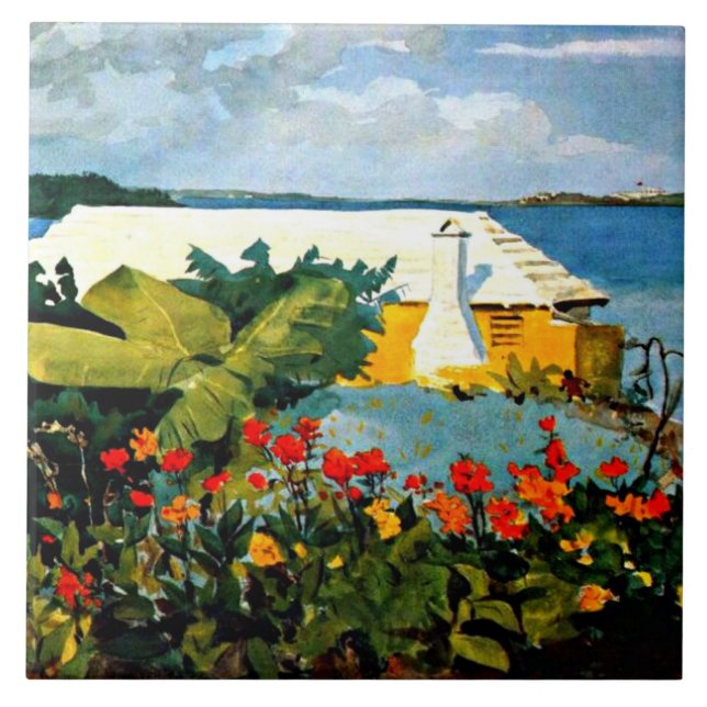 Carreau Jardin aux fleurs et bungalow par Winslow Homer (Devant)