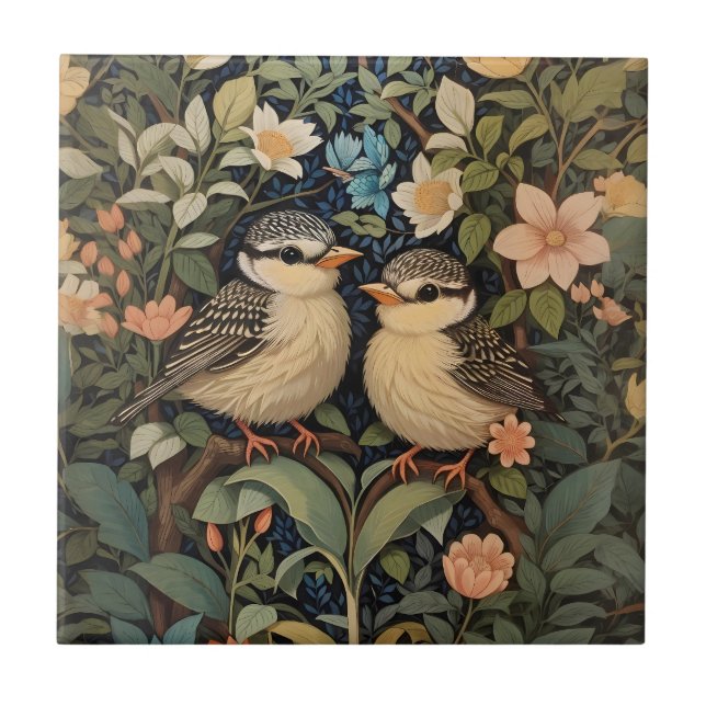 Carreau Jardin botanique de deux mignons bébés oiseaux (Devant)
