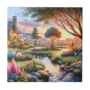 Carreau Jardin de Cottage Fantaisiste au Coucher du Soleil