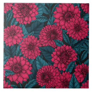 Carreau Jardin de Dahlia Rouge/feuilles bleus