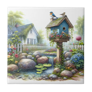Carreau Jardin de maisonnette à l'aquarelle avec nichoir à