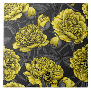 Carreau Jardin de pivoine nocturne en jaune et gris