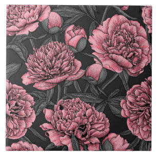 Carreau Jardin de pivoine nocturne rose et gris