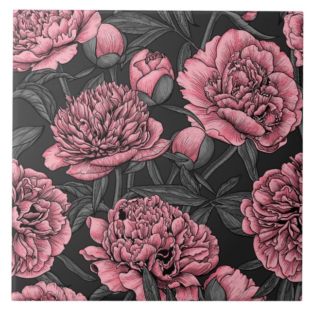 Carreau Jardin de pivoine nocturne rose et gris (Devant)