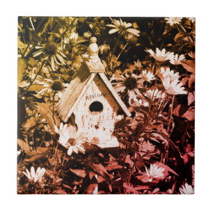 Carreau Jardin Fleur Maison Oiseau Noir Et Blanc Vintage