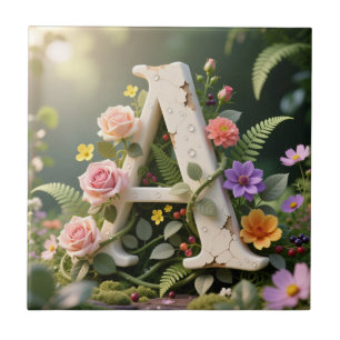 Carreau Jardin Floral Blanc Monogramme Lettre A