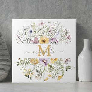 Carreau Jardin Floral Élégant de Fleurs Sauvages aux Monog