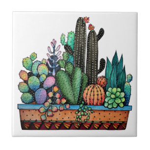 Carreau Jardin mignon de cactus d'aquarelle dans le pot