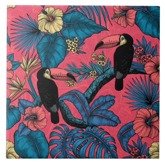 Carreau Jardin toucan en rouge et bleu (Devant)