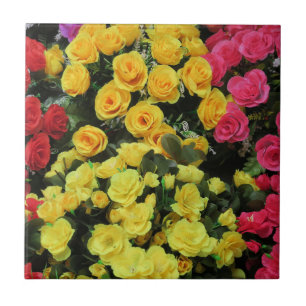 Carreau jaune, Chic, vintage, rouge, rose, roses, fleurs,