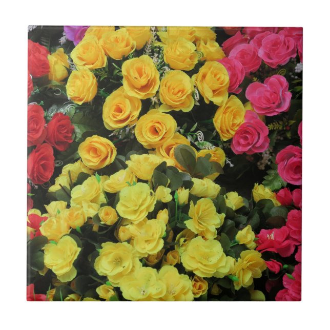 Carreau jaune, Chic, vintage, rouge, rose, roses, fleurs, (Devant)
