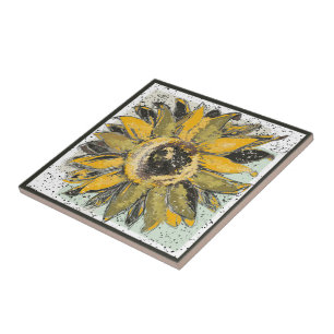 Carreau Jaune Tournesol Vert Noir Style d'aquarelle Art