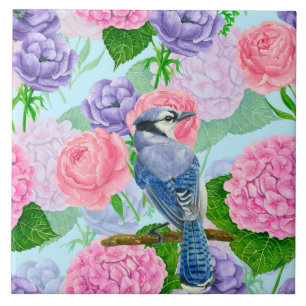 Carreau Jay bleu et fleurs motif aquarelle