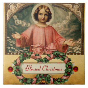 CARREAU JÉSUS ENFANT AUX ANGES ET COURONNES DE NOËL