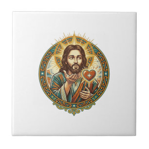 Carreau Jésus envoyant un baiser Cœur rouge Bouton J'aime