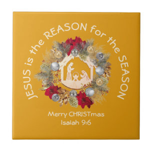Carreau JÉSUS EST LA RAISON Jaune Christian Christmas Cer