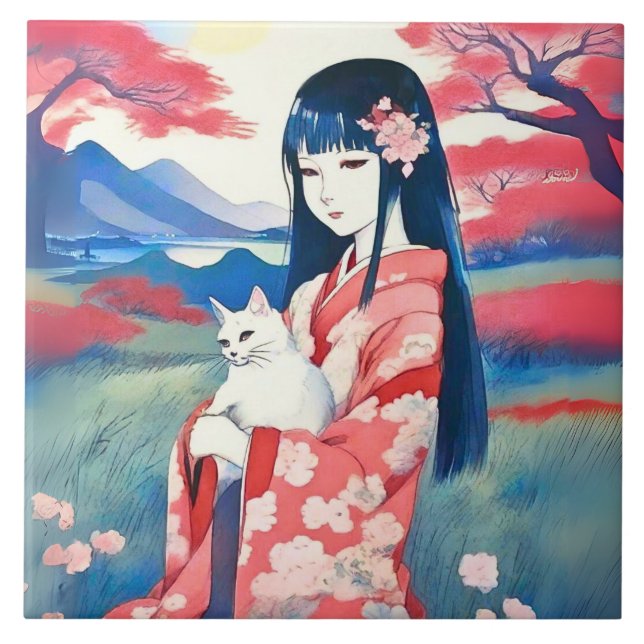 Carreau Jeune Fille Japonaise avec un Chat Blanc (Devant)