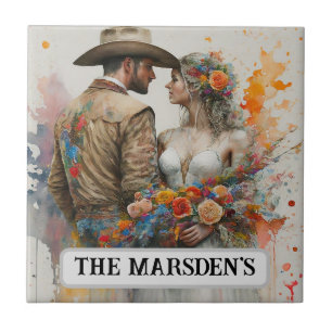 Carreau Jeunes mariés Country Western Aquarelle