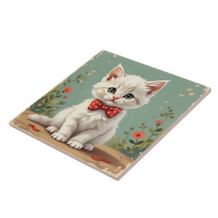 Carreau Joli adorable chat blanc avec noeud papillon