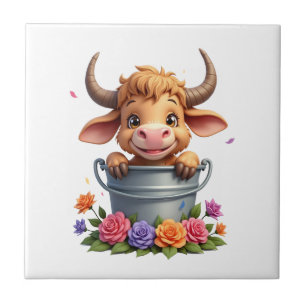 Carreau Joli bébé vache des Highlands avec fleurs Veau Ani