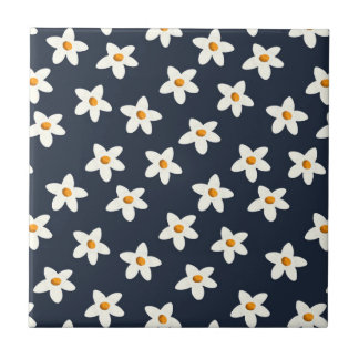 Carreau Joli cahier floral blanc Bleu marine et orange