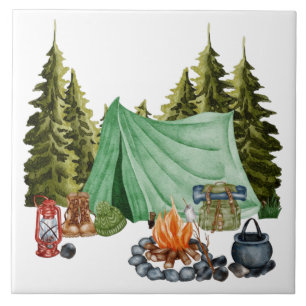 Carreau Joli Camping Thème Feu de Campement, Tente, Forêt