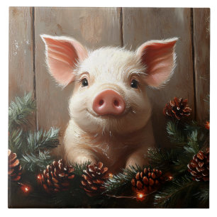 Carreau Joli Cochon de Noël Peinture rustique