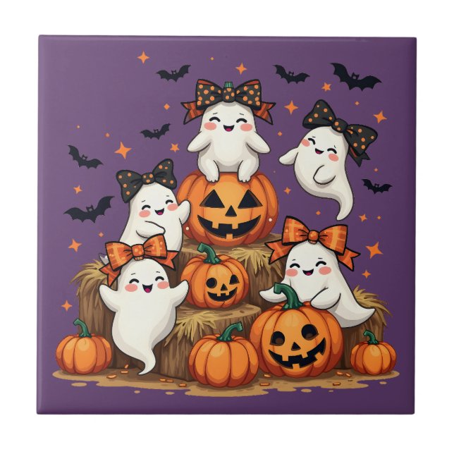 Carreau Joli Fantômes D'Halloween En Coquette Bows Et Citr (Devant)