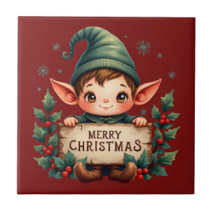 Carreau Joli Lutin de Noël Tenant un Panneau Joyeux