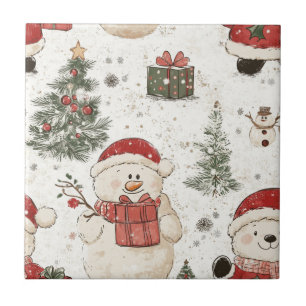Carreau Joli ours en peluche & Père Noël sur fond blanc (2