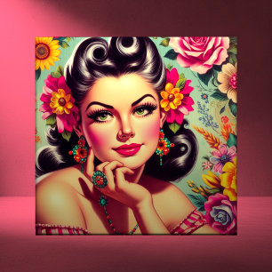 Carreau Joli portrait rétro floral pin-up