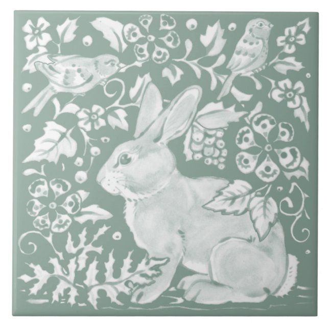 Carreau Joli Sage Green Rabbit Oiseau Bois Floral (Devant)