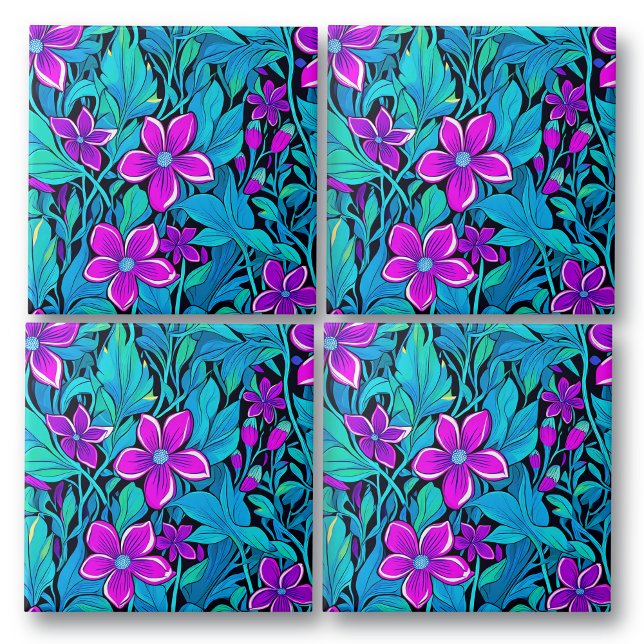 Carreau Joli violet et Turquoise bleu floral (Créateur téléchargé)