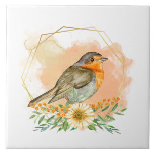 Carreau Jolie aquarelle Robin et cadre Fleur sauvage