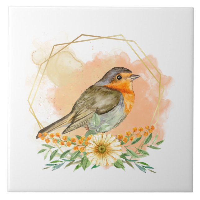 Carreau Jolie aquarelle Robin et cadre Fleur sauvage (Devant)