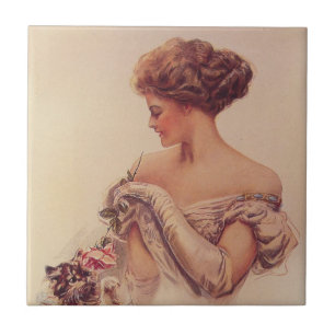 Carreau Jolie femme tenant un chaton (par Harrison Fisher)