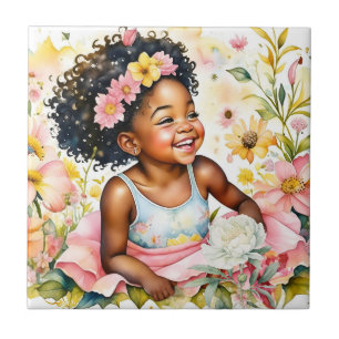 Carreau Jolie petite fille en Fleurs roses Aquarelle Art