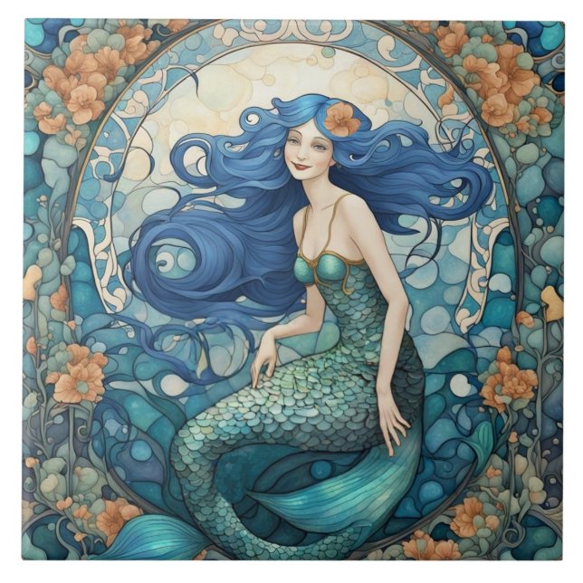 Carreau Jolie sirène Art Nouveau Art Déco Bleu (Devant)