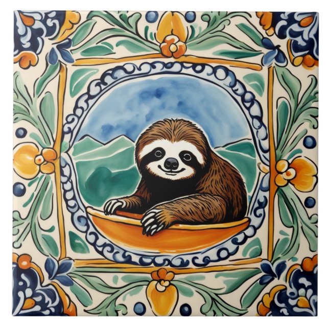 Carreau Jolie Sloth Méditerranéen Jaune & Bleu Folk (Devant)