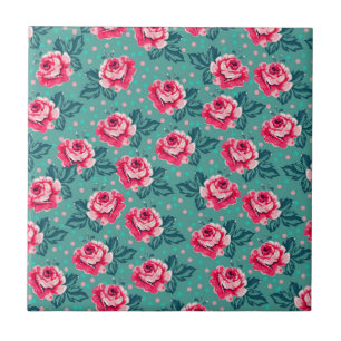Carreau Jolies roses roses et motif à pois sur sarcelle