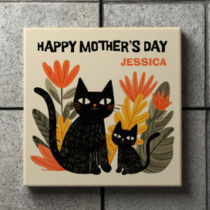 Carreau Jolis dessins animés Chats noirs Floral Bonne fête